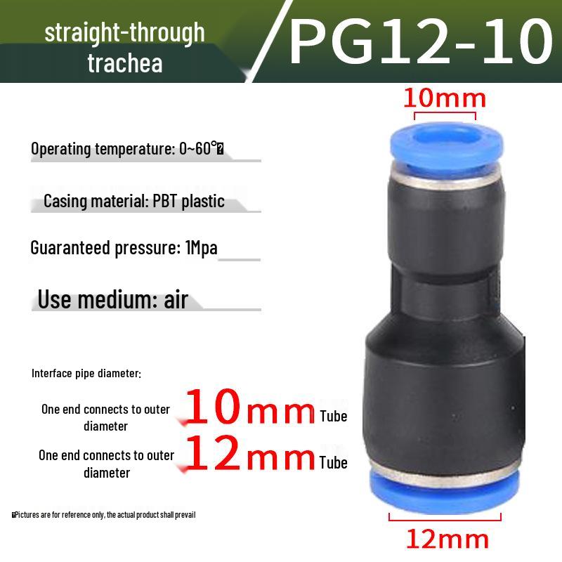 Pneumatic Air Tube Connector: PU8 Straight, PV10 Right-Angle Elbow, Quick-Insert, Butt Joint, Blue Plastic, PG6-4 Reducer.