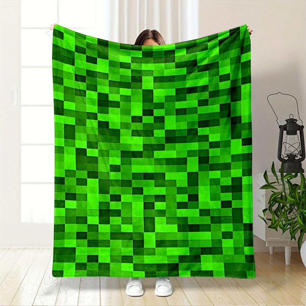 Pixelated Green Pattern Design Flannel Blanket for Bedroom, Living Room, Sofa, and Nap Sofas.