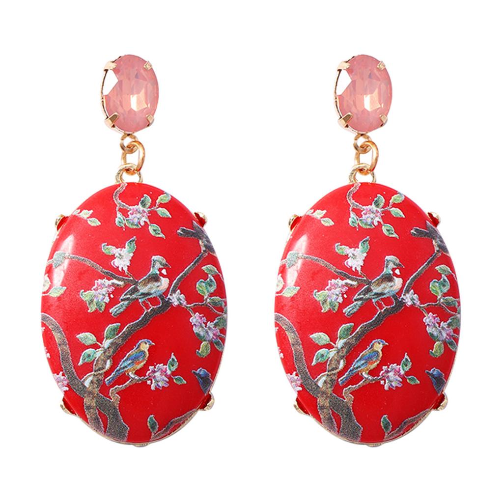 New Chinese style printed oval earrings, niche design sense, colored diamond stud earrings, gentle and elegant, versatile women's models