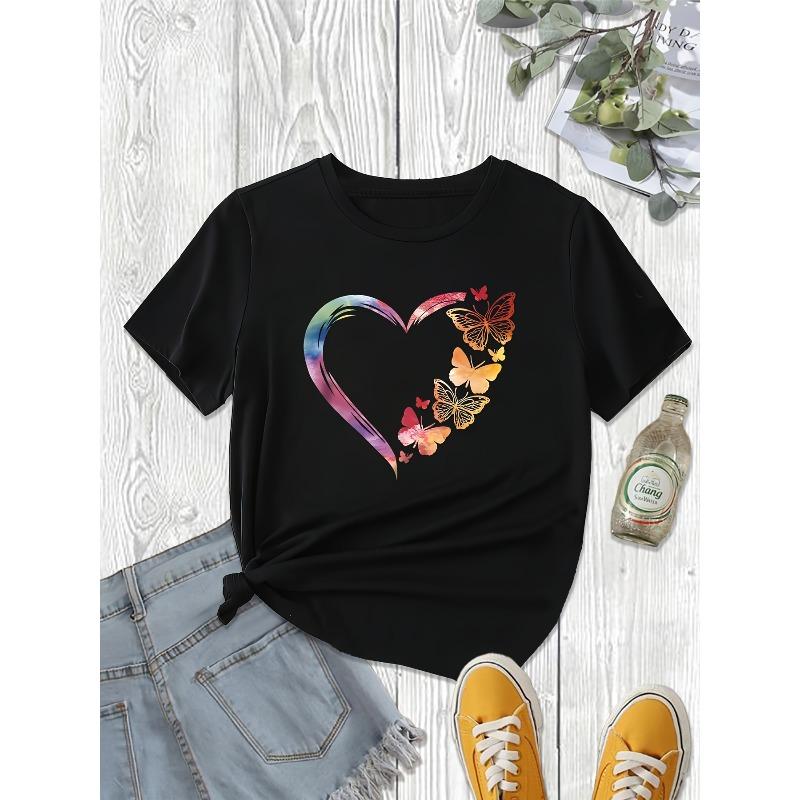 European Size Plus Size,Women's Casual Short-Sleeved T-shirt-Round Neck Colorful Heart Butterfly Pattern, Four Seasons Comfortable Top,Versatile Shirt