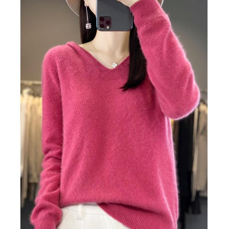 Women's Fall/Winter V-Neck Hooded Pullover Sweatshirt Cropped Knit Sweater