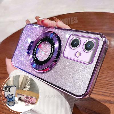 Motog54 Luxury Glitter Plating Holder Silicone Case On For Motorola Moto G84 G54 G62 G52 G13 G23 G72 G73 G82 G83 G85 Stand Cover
