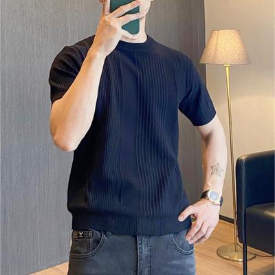 Örme Kısa Kollu Tişört Erkek Düz Renk Çizgili Yazlık Günlük Yarım Kollu Yuvarlak Yaka Ağır Kilo İçlik