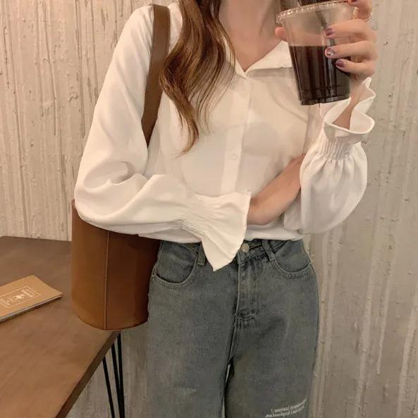 WTEMPO Damskie biało-czerwone koszule z długim rękawem o luźnym kroju na wiosnę i jesień, damskie wszechstronne bluzki casual z kołnierzykiem i guzikami