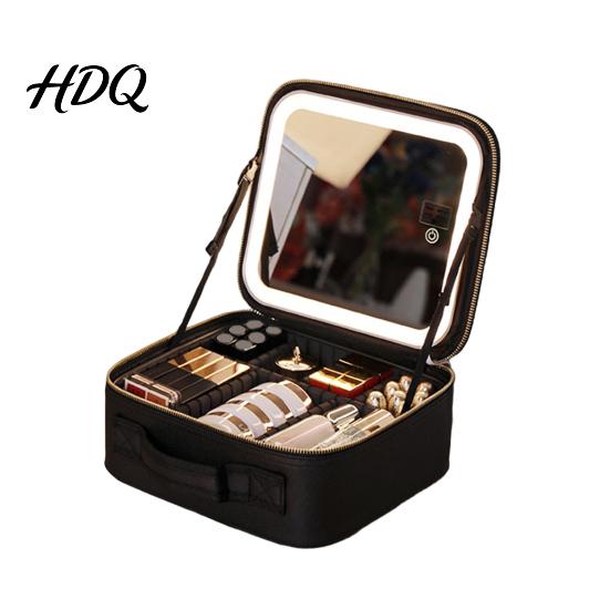 Makeup Bag with LED Mirror USB Charging Case Rechargeable Adjustable Dividers Travel Cosmetic Light-up 3 Color Lights