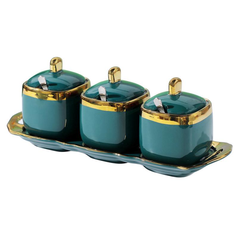 Ceramic Condiment Jars with Gold Rim, Nordic Style - Seasoning Bottle Set for Kitchen, Salt & MSG Shakers