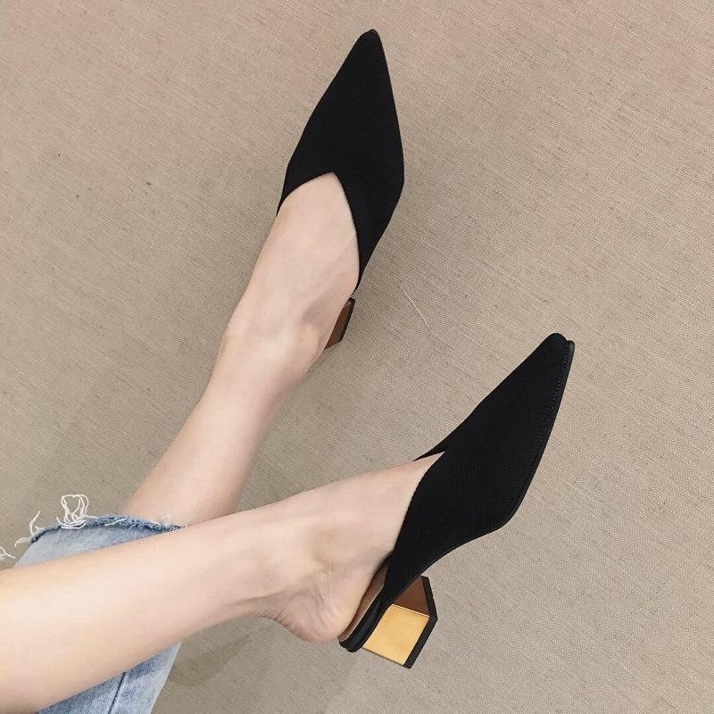 2025 Spring and Summer New Bag Head Half Slippers Women's Flying Woven Mid-heel Pointed Mueller Shoes Thick Heel Wear Lazy Cool Slippers