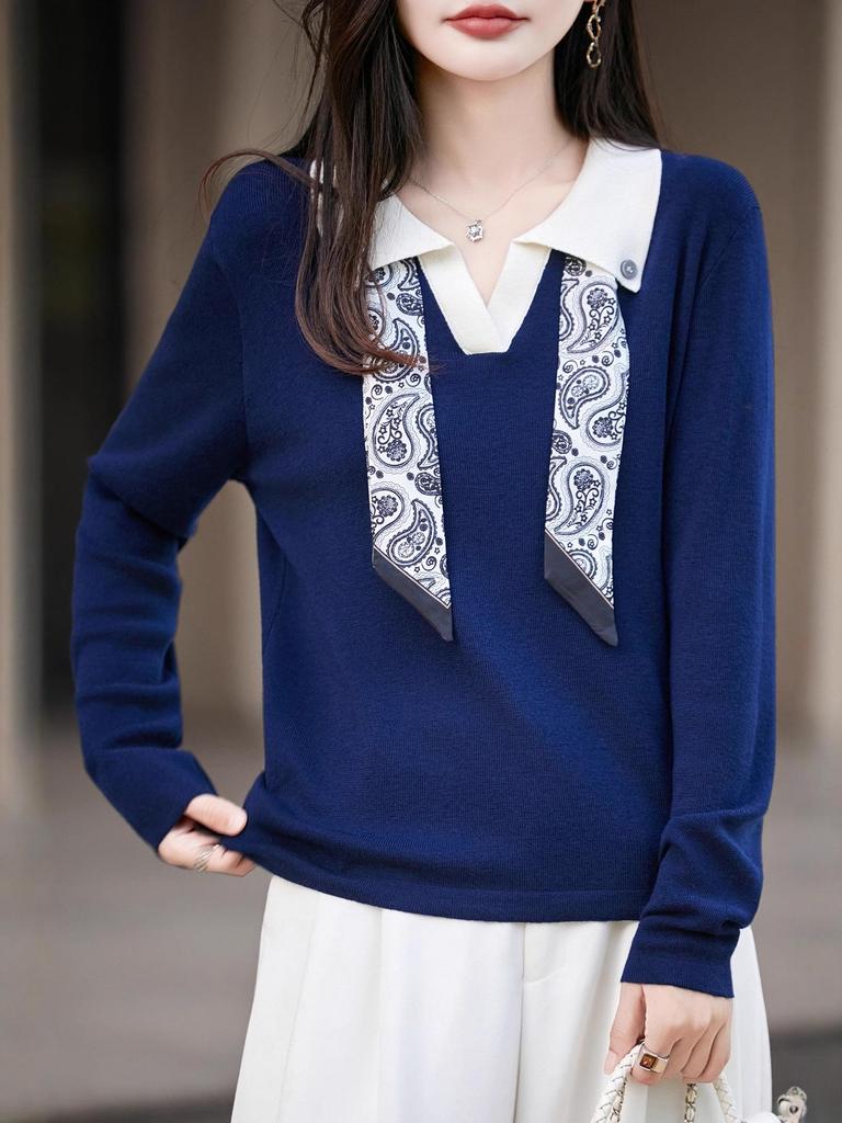 Herbst Seidenschal Wollstrickjacke: Eckiger Ausschnitt, Polokragen, Puffärmel, Strickpullover für einen jugendlichen Look