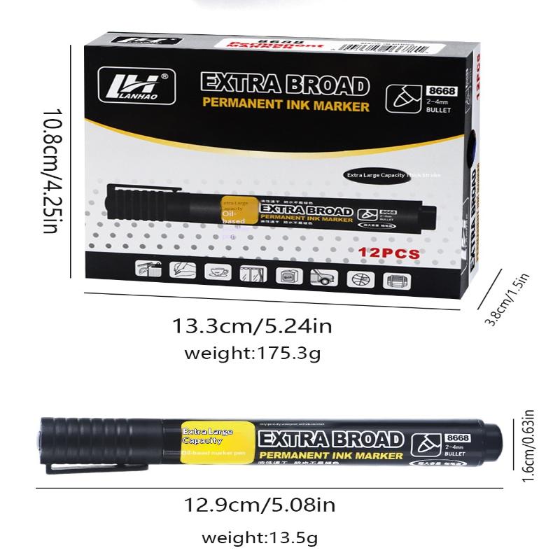 New 12pcs/box Large-Capacity Marker 10mm Nib Oil-Based Big-Ended Marker Pen Refillable Waterproof Non-Erasable