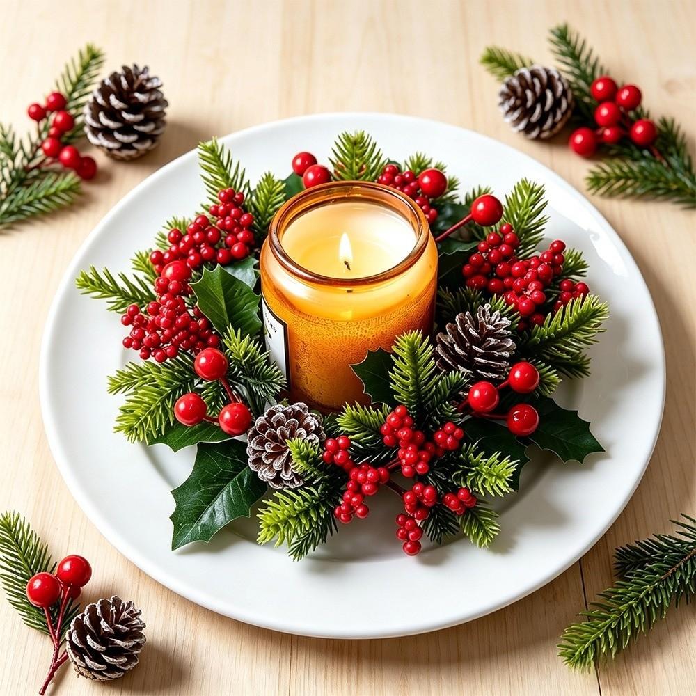 Artificial Pine Needle Christmas Candle Ring Red Berry Table Centerpiece  Dining Table