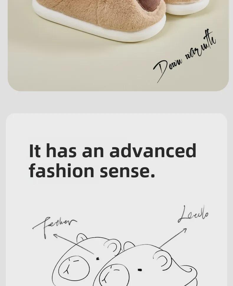 Chaussons en coton pelucheux Capibara pour femme – Chaussures d'intérieur antidérapantes et chaudes pour l'automne/hiver