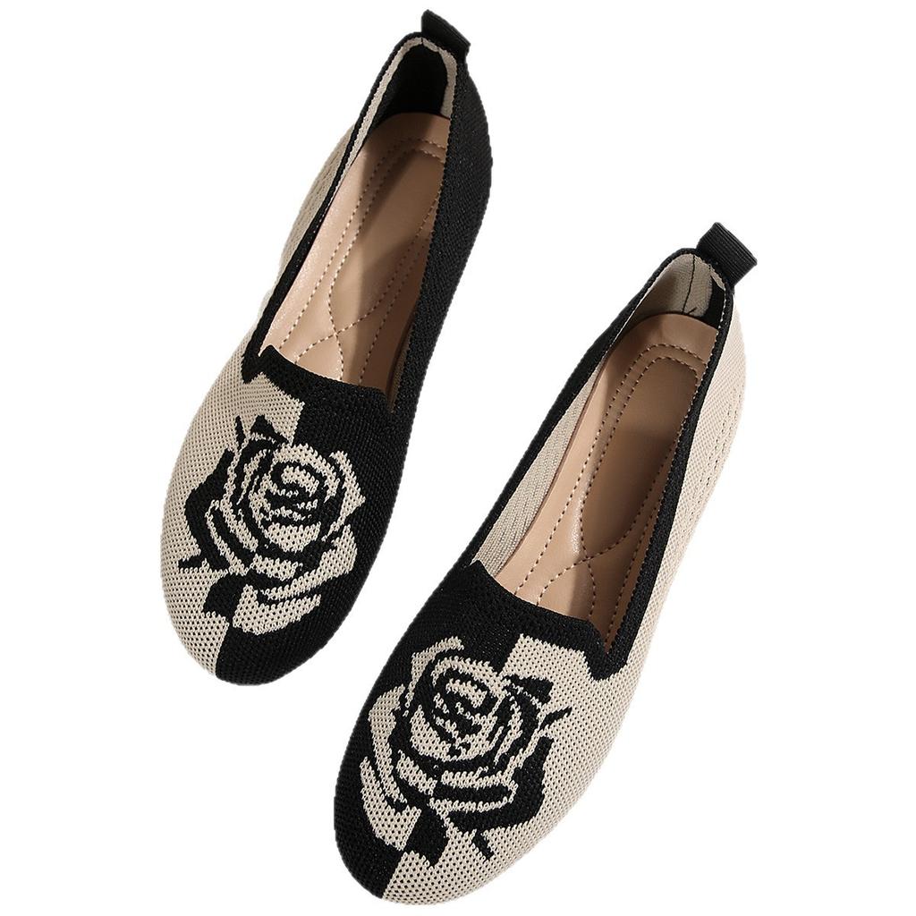 Women Knitted Rose Pattern Breathable Flat Shoes Spring /Autumn Round Toe Shoes for Women Comfort Slip on Casual Loafers