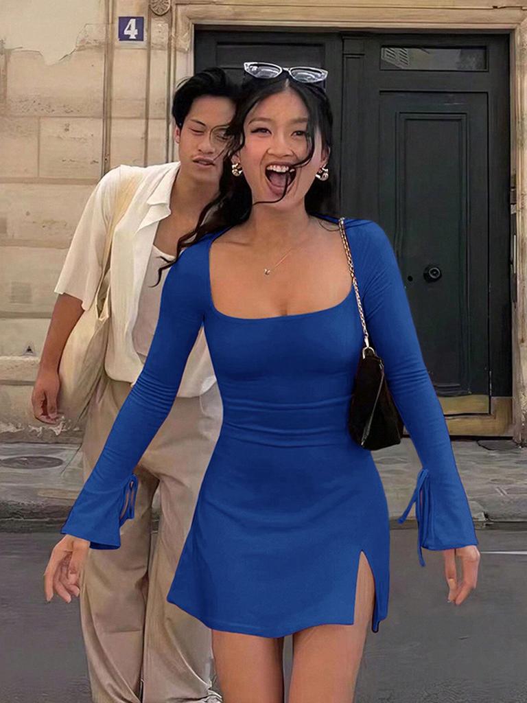 Europäischer & Amerikanischer Stil Rotes A-Linien-Kleid mit eckigem Kragen - Herbst/Winter Hohe Taille mit Schlitz