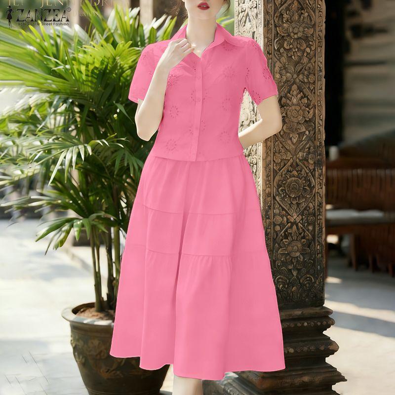 ZANZEA Women Short Sleeve Crochet Blouse and Skirts Casual Two Piece Suit Sets