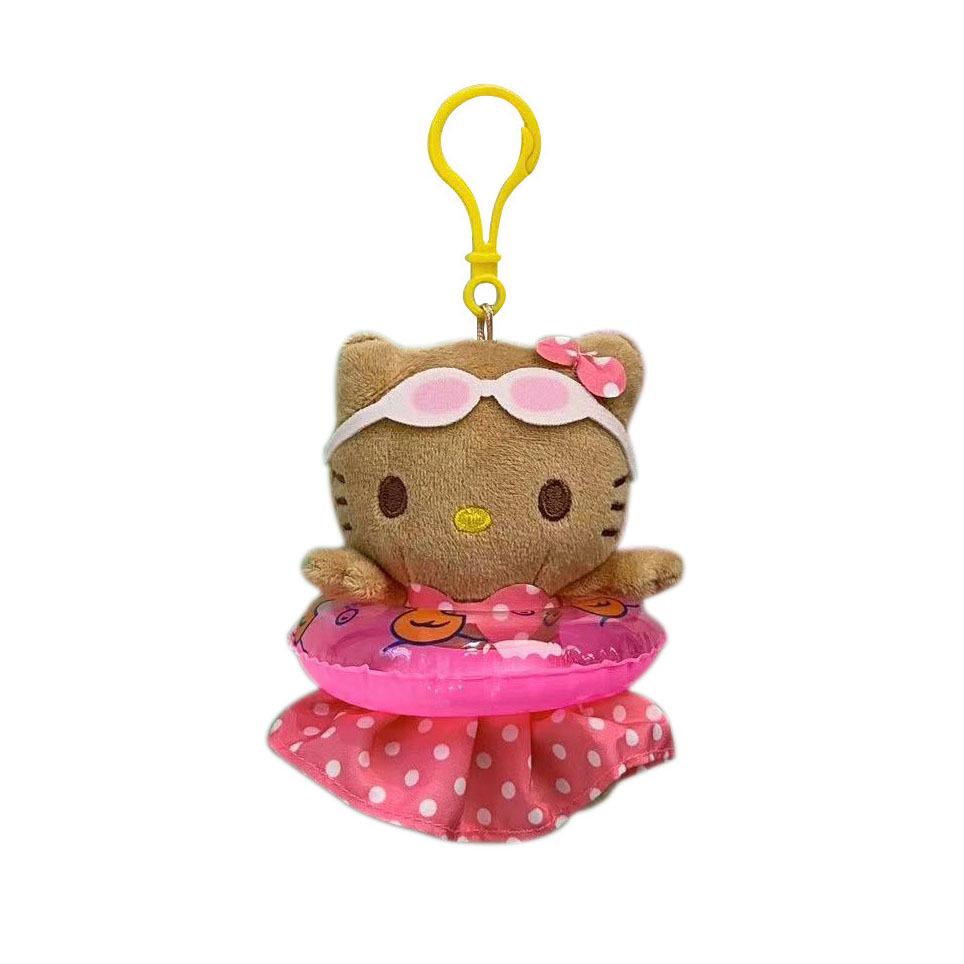 Adorable Cartoon Black Cat Plush Keyring with Surfing Beach Ring Pendant