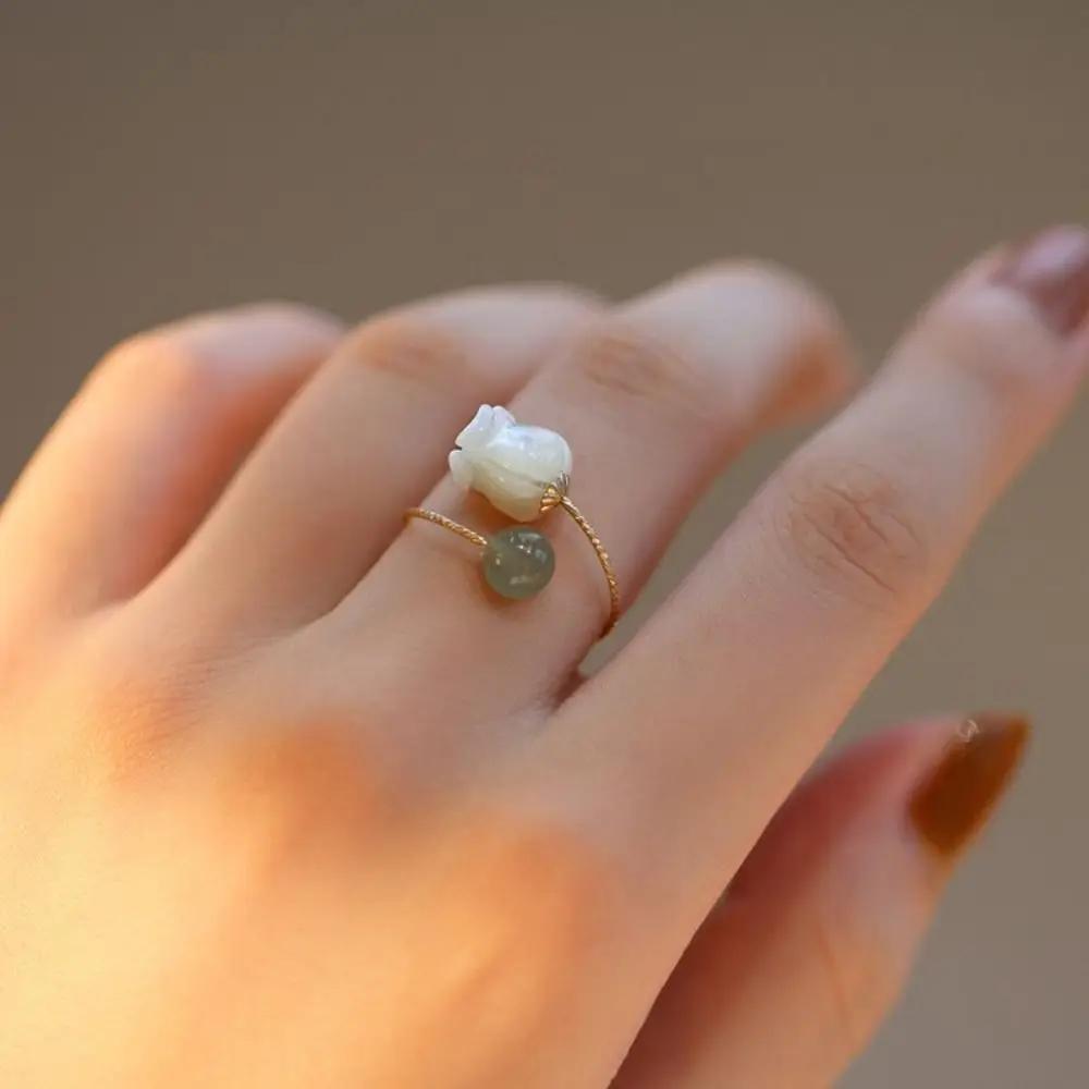 

1Pc Hetian Jade Beaded Ring Female Retro Niche Design Minimalist Finger Buckle All Match Jade Open Ring Jewelry