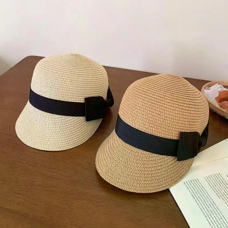Damen Sommer Strohhut Französischer Flacher Hut Vintage Schleife Sonnenschirm Mütze Für Draußen Reisen Strandurlaub Sonnenschutz Kopfbedeckung