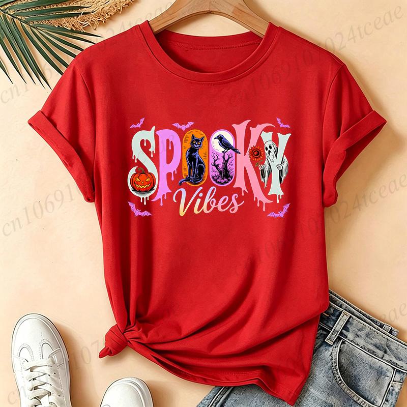 Unisex Spooky Vibes Halloween T Shirt Pumpkin Black Cat Ghost Crow Bat Graphic Tee Retro Fall Short Sleeve Tops for Women Men