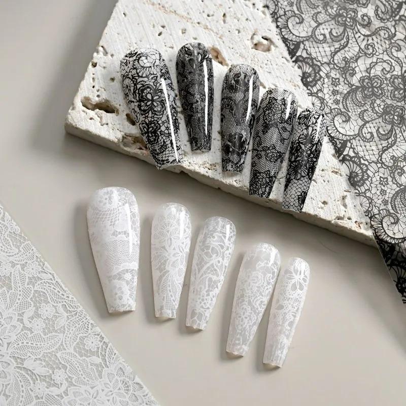 10rolls Black White Lace Nail Foils Stickers Sexy Flowers Design Nail Arts Decals Nails Salon Adhesive DIY Manicure Styling Tool