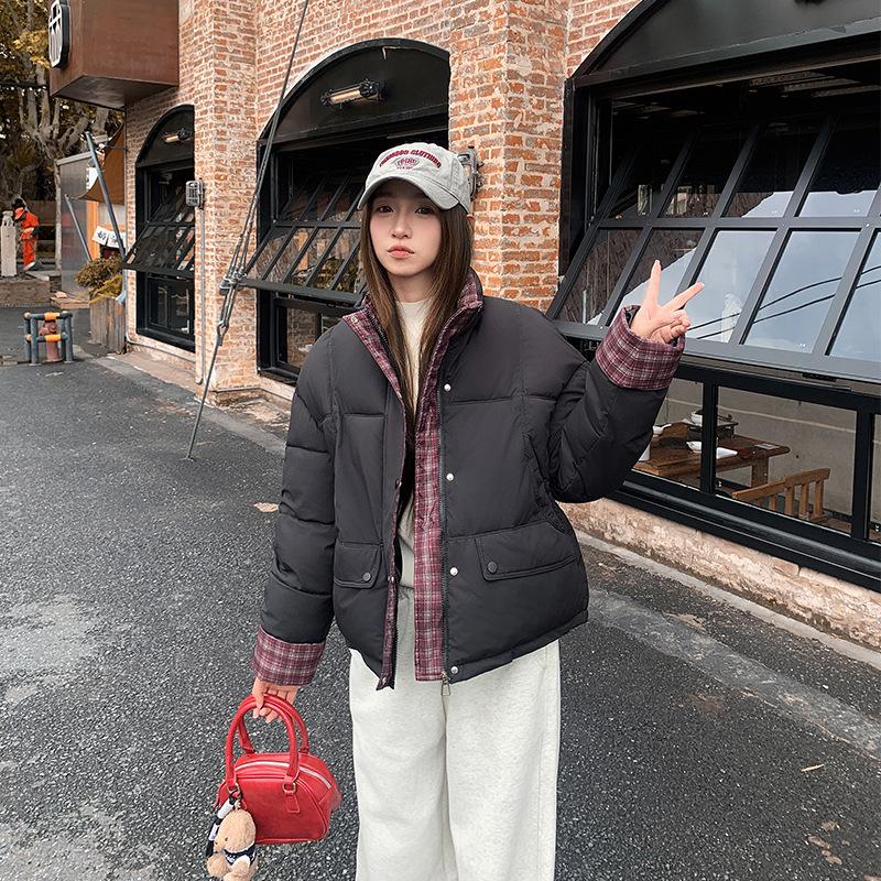 Contrasting Plaid Women's Short Down Cotton-padded Jacket Loose Leisure Collar Winter New Bread Coat