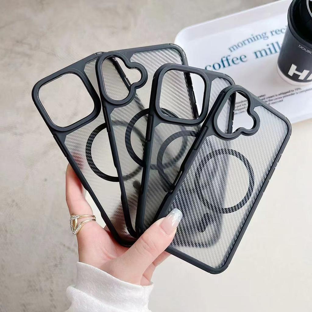 Luxury Carbon Fibre Magnetic Wireless Charging Phone Case for iPhone Samsung Translucent Bumper Cover