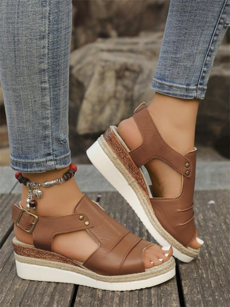 Large Size Straw Woven High-heeled Sandals 22 New Thick-soled Fish Mouth Roman Shoes One-word Buckle High-heeled Sandals