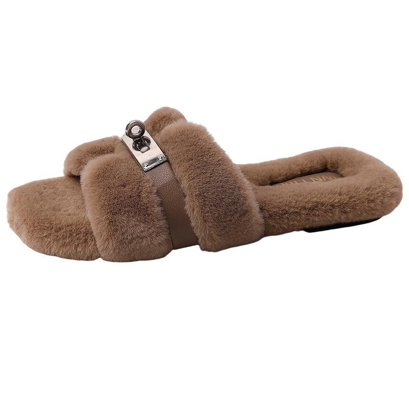 2025 Autumn and Winter Fashion Simple Belt Buckle Internet Celebrity Fluffy Slippers Women Wear Casual Thick-soled One-word Cotton Shoes