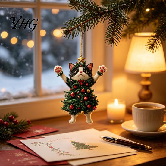 Cute Animal Tree Decor 2Pcs Christmas Cat Acrylic Ornament, 2D Flat Kitty Hanging Pendant with Indoor Holiday Ornaments Santa Hat Decor, Car Rearview