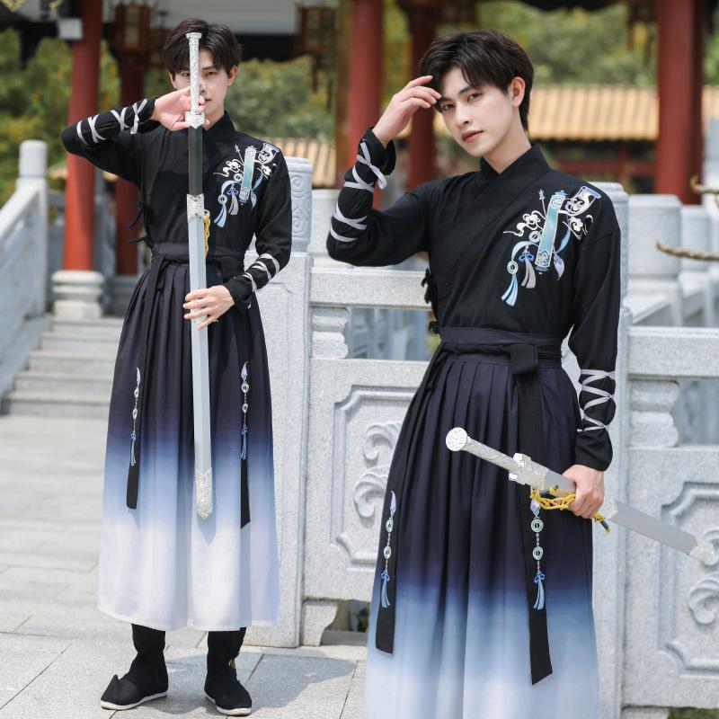 Herren Chinesischer Stil Hanfu Set, Antikes Wuxia Kampfsport Kostüm, Stickerei Tägliches Outfit