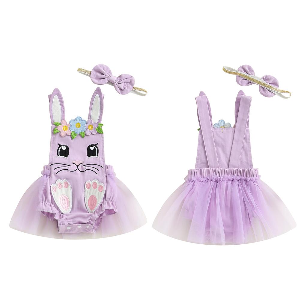 Baby Girl Summer Romper Rabbit Embroidery Square Neck Short Sleeveless Cute Fashion Bodysuit with Bow Headband