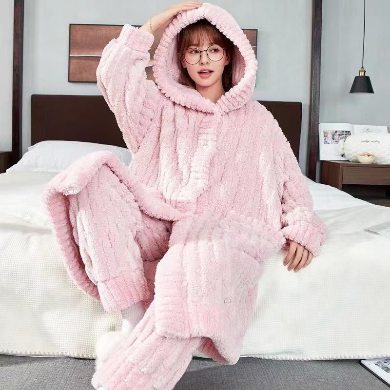 Conjunto de pijamas de veludo coral para mulheres, pijamas longos, fofos e fofos, pijamas com capuz para uso doméstico no inverno