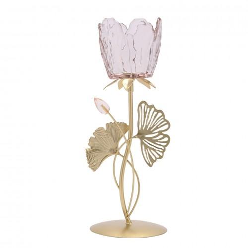 Hestia Single Stem Candle Holder With Blush Pink Glass On Gold Base oro
