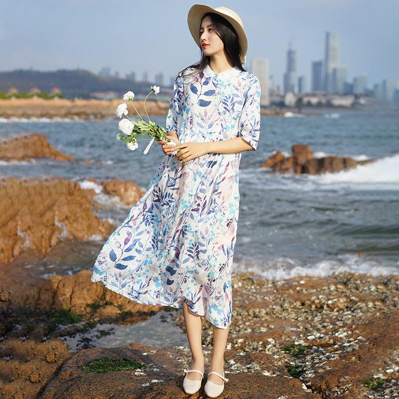 Johnature Women Vintage Bandage Dress Turn-down Collar Half Sleeve Print Floral Summer Button A-Line Dress