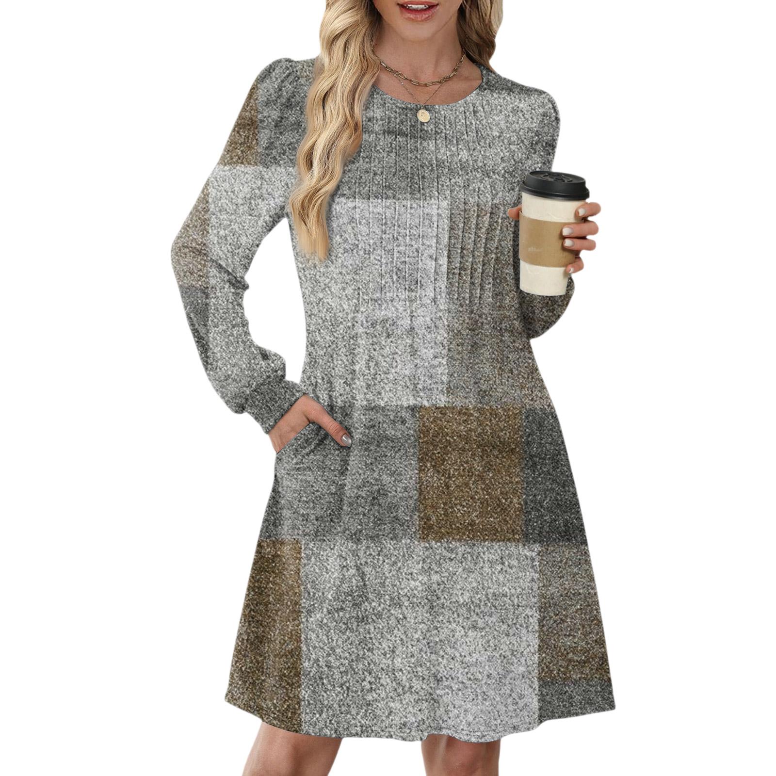 

Женское повседневное платье с длинным рукавом, плиссировкой, круглым вырезом, винтажным цветочным принтом и карманами XL коричневый