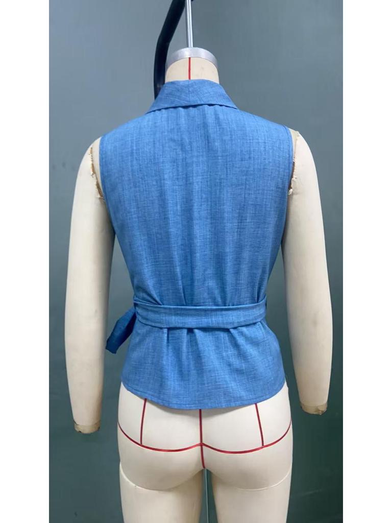 European-American Style Sleeveless Summer 2025 Slim Fit Tie-Up Cardigan Blouse for Women