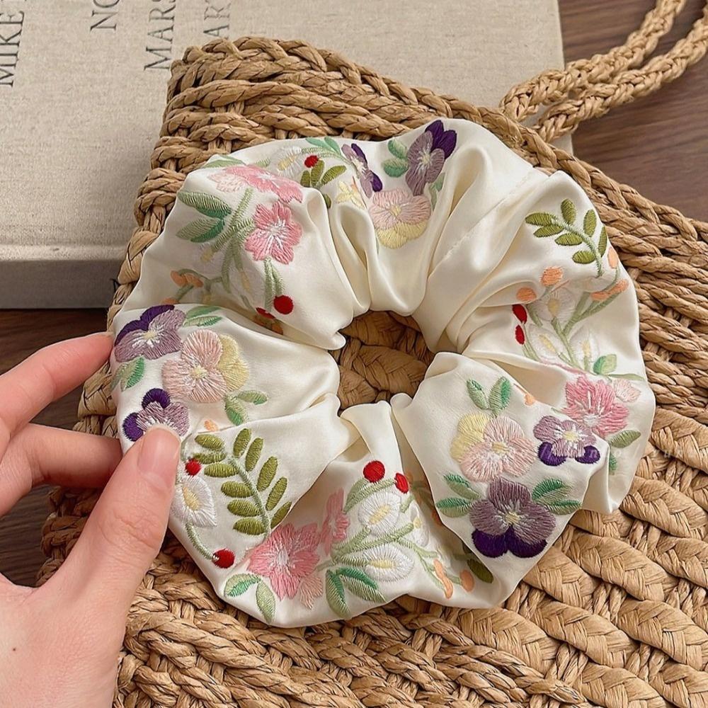 French Style Floral Scrunchies Satin Hair Ropes Temperament Embroidery Hair Scrunchies  Daily