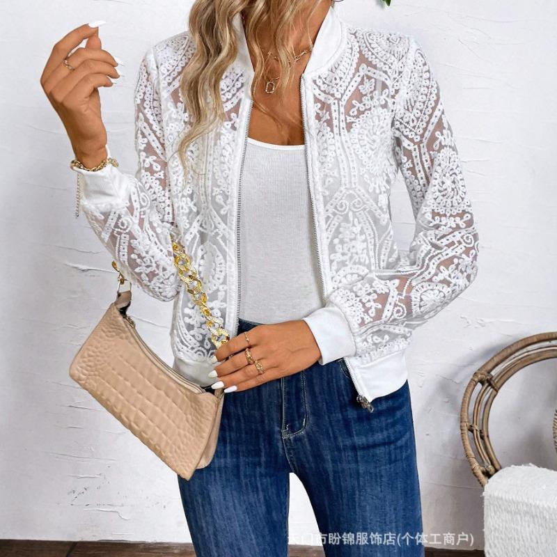 Women S Elegant Solid Lace Long Sleeve Zip Up Mid Length Coat