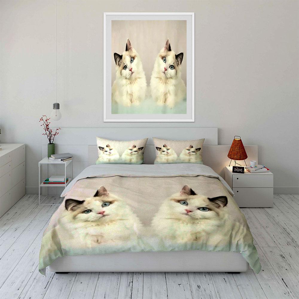Kawaii Ragdoll Cat Bedding Set 3pcs,Couple Cute Pet Kitten Print Duvet Cover, Cozy Bed Linen for Bedroom,Guest Room Decor,Gift