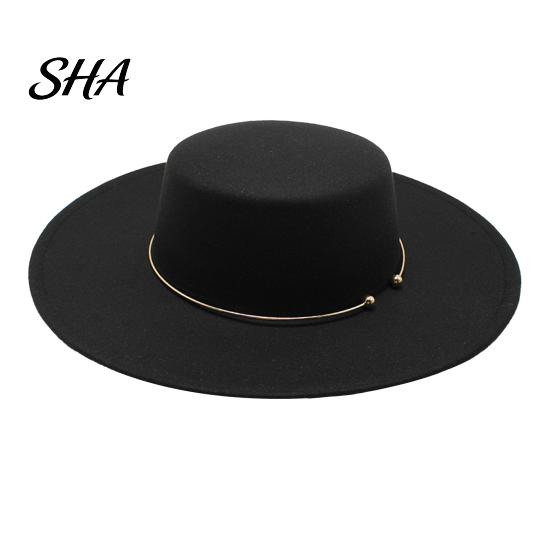 Classic Wide Brim Hat Retro Flat Top Hat, Wool Felt Pork Pie Bowler with Stylish Headwear for Women Metal Ring, Trilby Men Autumn Winter Warm Fedora