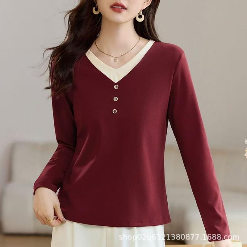 Middle-aged and Long-sleeved Bottoming Shirt Spring and Autumn New Women's All-match Solid Color Age-reducing Button Top