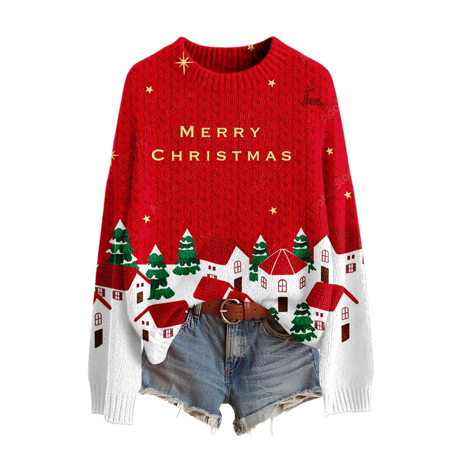 

Женский смешной женский рождественский свитер с круглым вырезом, рождественский джемпер, рождественский наряд, уродливый свитшот, рождественский костюм M красный