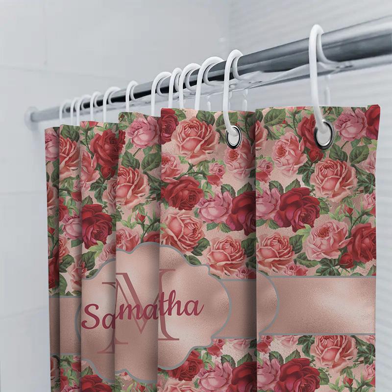 Monogrammed Shower Curtain With Roses Print, Custom Name Added For Bathroom Decor Red Pink Floral Design, Washable
