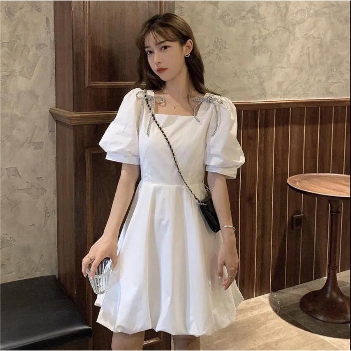 

French temperament bubble sleeve dress women s summer niche design sense waist thin medium and long skirt S белый
