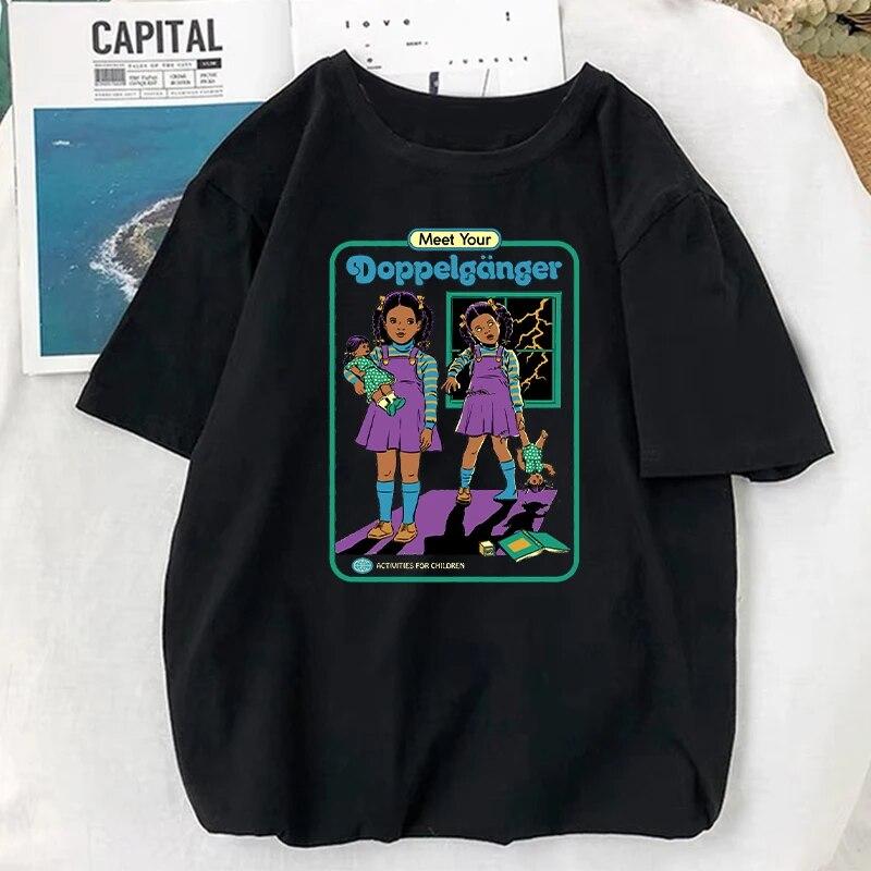 Satan Demon TShirt Scary Devil Aliens Vintage T-Shirt Women Unisex Classic Scary Cartoon Graphic Tops Oversized Harajuku Ropa Mujer