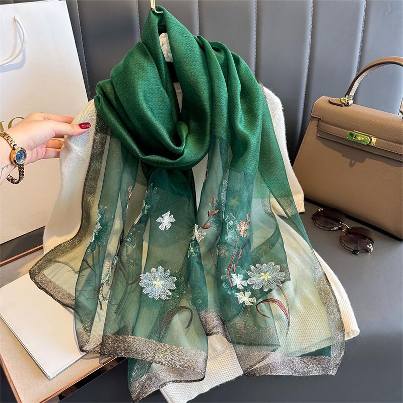 Luxury Silk Shawl Scarf For Women Design Embroidery Flowers Hijab Wraps Bufandas Female Headkerchief Fouloud Echarpe