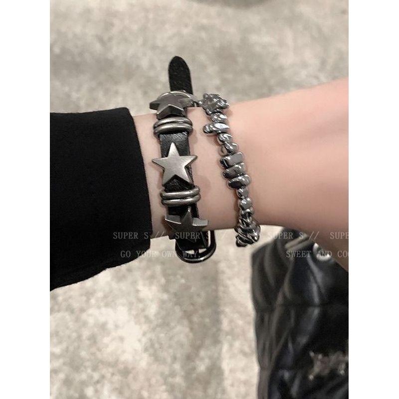 Dark Punk Star Bracelet Y2K Pentagram Leather Bracelet Ins Sweet Cool European and American Style Stone Accessories