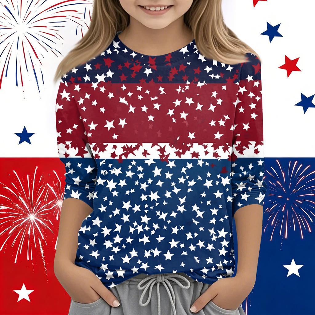 Print Tops For Youth Girls Round Neck 3/4 Sleeves T-Shirts Trendy Tops Outfit Tees Independence Day