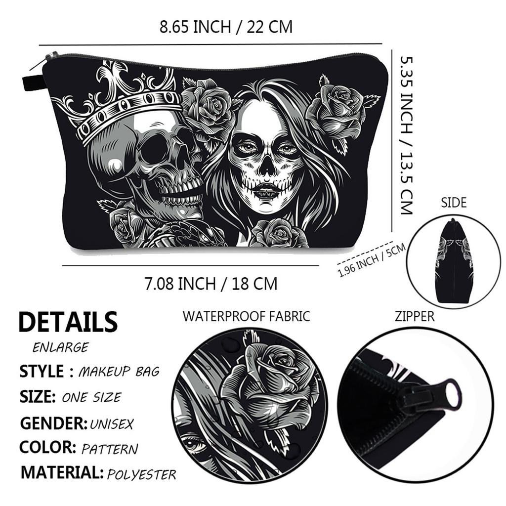 Skull Print Travel Makeup Bag Halloween Zipper Cosmetic Bags Large Capacity Travel Toiletries Organizer for Women Men