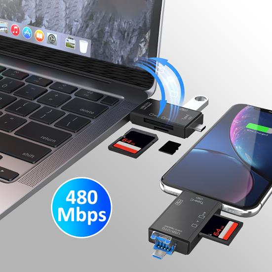 6-in-1 Multifunctional USB 3.0 Card Reader Mini Type-C TF-SD Card Reader OTG Adapter for Mobile Phone