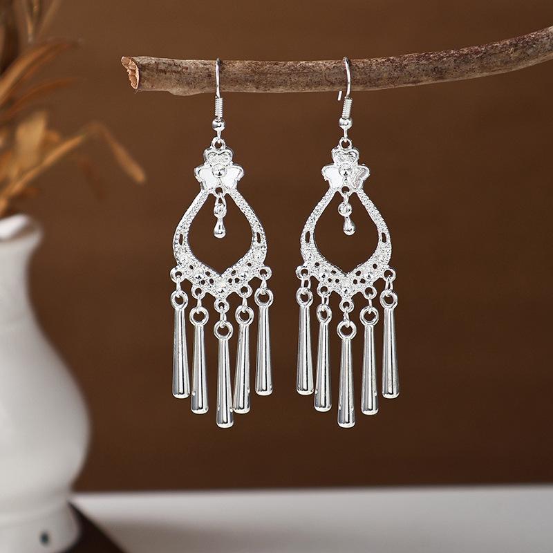 Ethnic Miao Silver Tassel Earrings - Retro Long Dangle Scenic Studs for Women